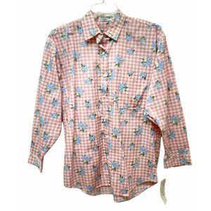 Vintage Retro Floral Gingham‎ Check Blouse Women's L Prairie Cottage Cottagecore